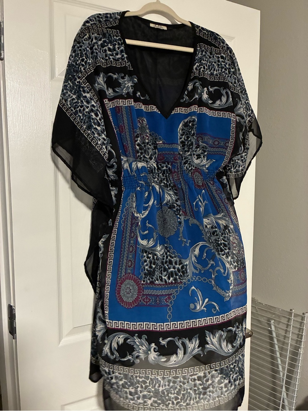 V-Neck Blue and Black High-Low Printed Dress